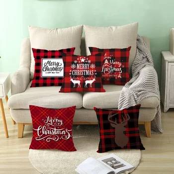 Декоративная рождественская наволочка - классическая квадратная диванная подушка в красную клетку с принтом для украшения домашнего текстиля - WJ0008