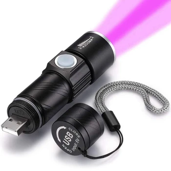 2X 395Nm УФ-фонарик Blacklight USB Перезаряжаемый светодиодный фонарик Водонепроницаемая инспекционная лампа для анализа мочи домашних животных
