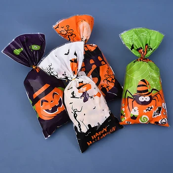 50шт Новый мешок конфет на Хэллоуин, Подарочные пакеты из Тыквы на Хэллоуин, Пластиковые пакеты для упаковки угощений, принадлежности для украшения вечеринки на Хэллоуин