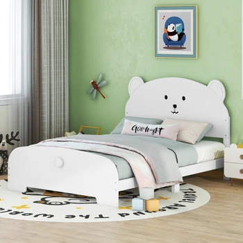Полноразмерная деревянная кровать-платформа с изголовьем и изножьем в форме медведя для мебели для спальни в помещении, белый