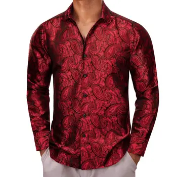 Роскошные мужские рубашки из шелка с длинным рукавом красного цвета с узором Пейсли, облегающие мужские блузки, повседневные официальные топы, дышащие Barry Wang