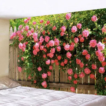 весенние цветы, деревянный забор, гобелен, природа, розовая роза, растение, цветок, настенный сад, окно, природа, пейзаж, гобелен