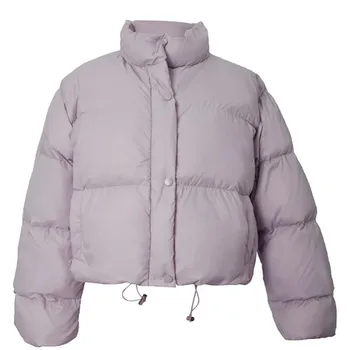 Осенне-зимняя Короткая пуховая куртка с хлопковой подкладкой, женская новинка 2023, свободная модная верхняя одежда, Однотонное пальто с воротником-стойкой, женское