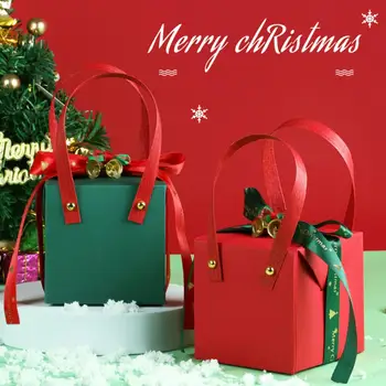Праздничная Коробка Для Печенья Праздничная Рождественская Подарочная Коробка Элегантная Ручка Бант Лента Колокольчик Декор Кубический Подарок Упаковочная Коробка для Праздников